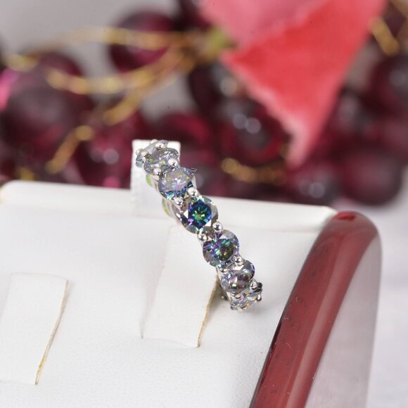 Certified Moissanite Rainbow Blue 5mm Full Eternity Band Ring 925 Sterling - Picture 4 of 5